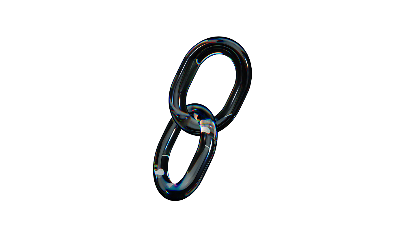 Two interconnected transparent glass chain links on a white background.