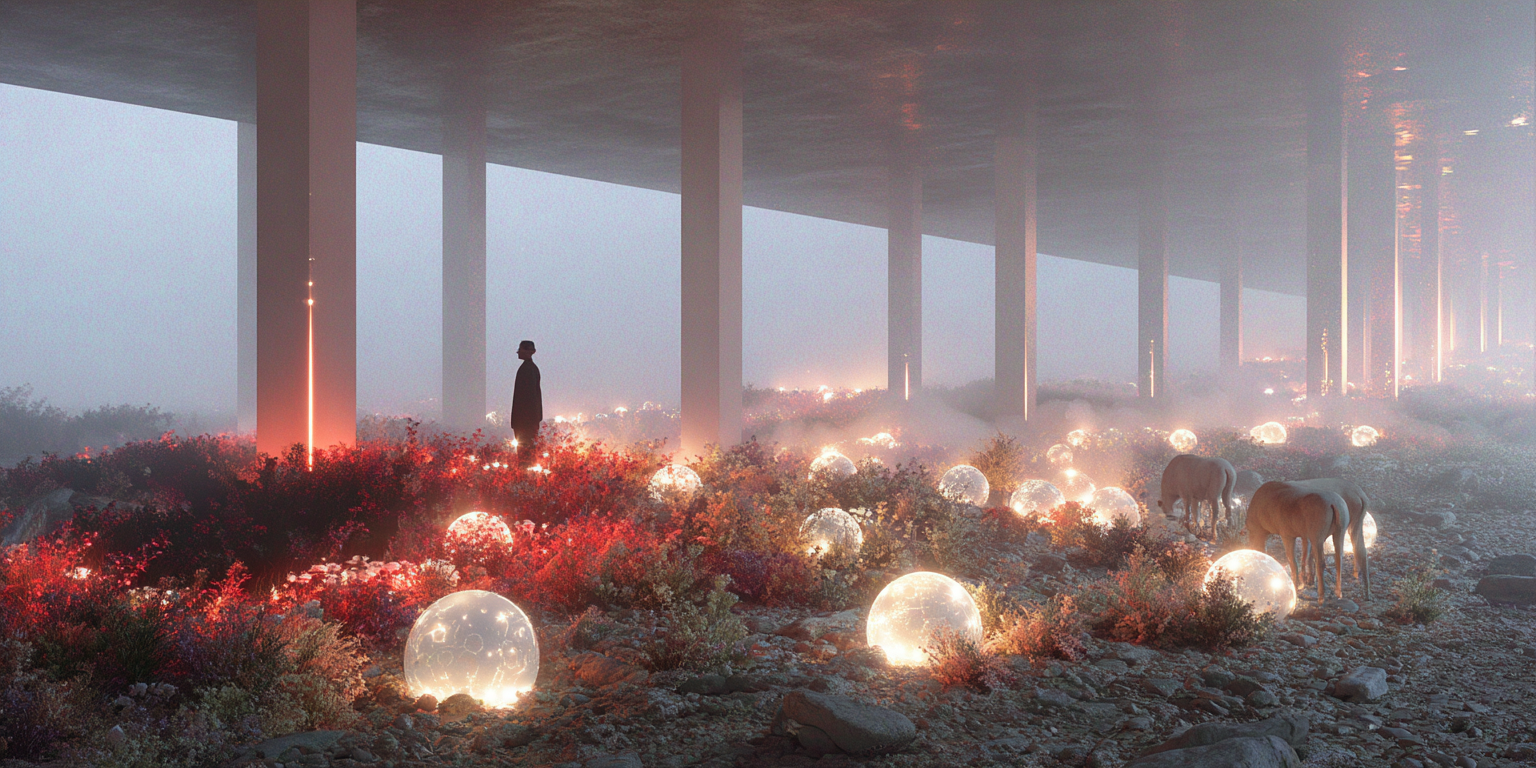 Foggy scene under a bridge with glowing spheres on the ground, red foliage, a silhouetted person, and three horses.