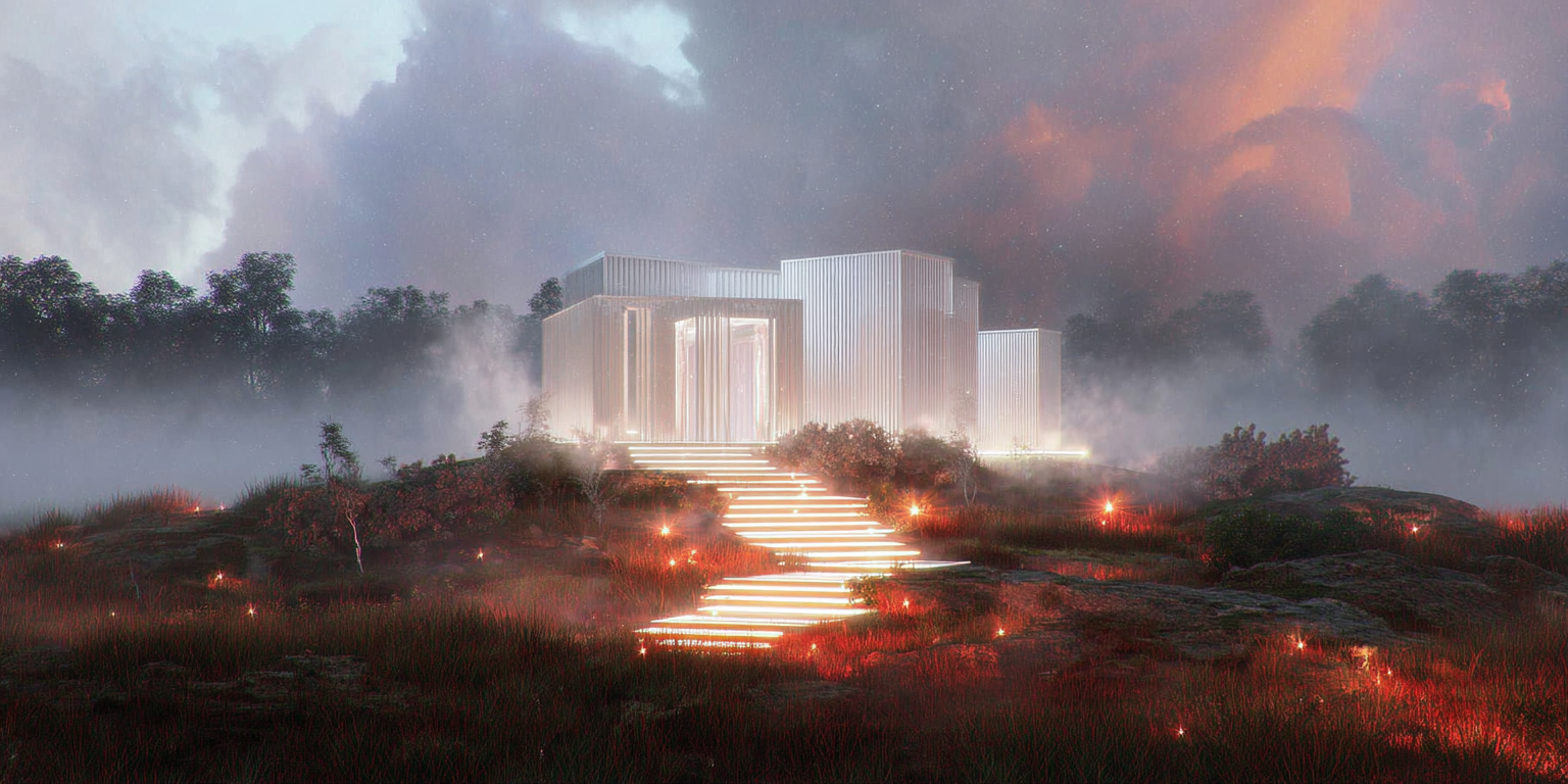Modern white building illuminated at dusk with glowing stairs leading through misty, grassy landscape surrounded by trees.