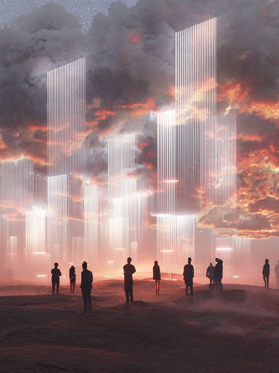 Silhouettes of people standing on a barren landscape staring at tall, glowing vertical light structures rising into a cloudy, fiery sky.