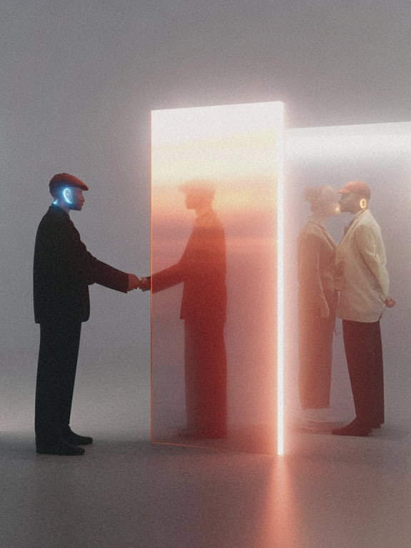 A man with a glowing blue face mask shaking hands through a translucent illuminated panel, while a couple poses closely behind another glowing panel.