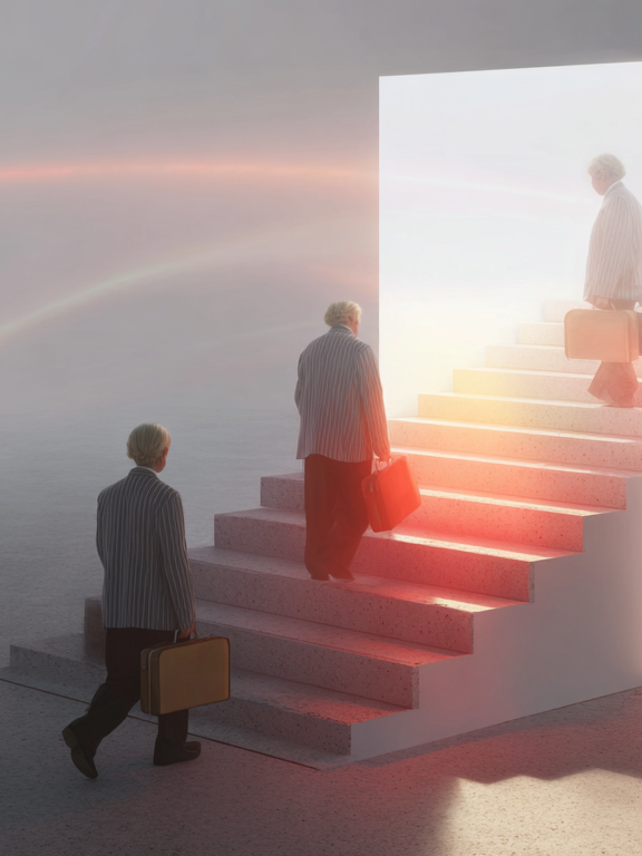 Three men, each carrying a suitcase, walking up illuminated stairs toward a bright open doorway in a foggy, surreal environment.