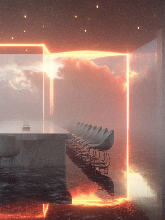 Modern conference room with a long white marble table, sleek chairs, and glowing neon light outlines against a foggy sky with clouds.